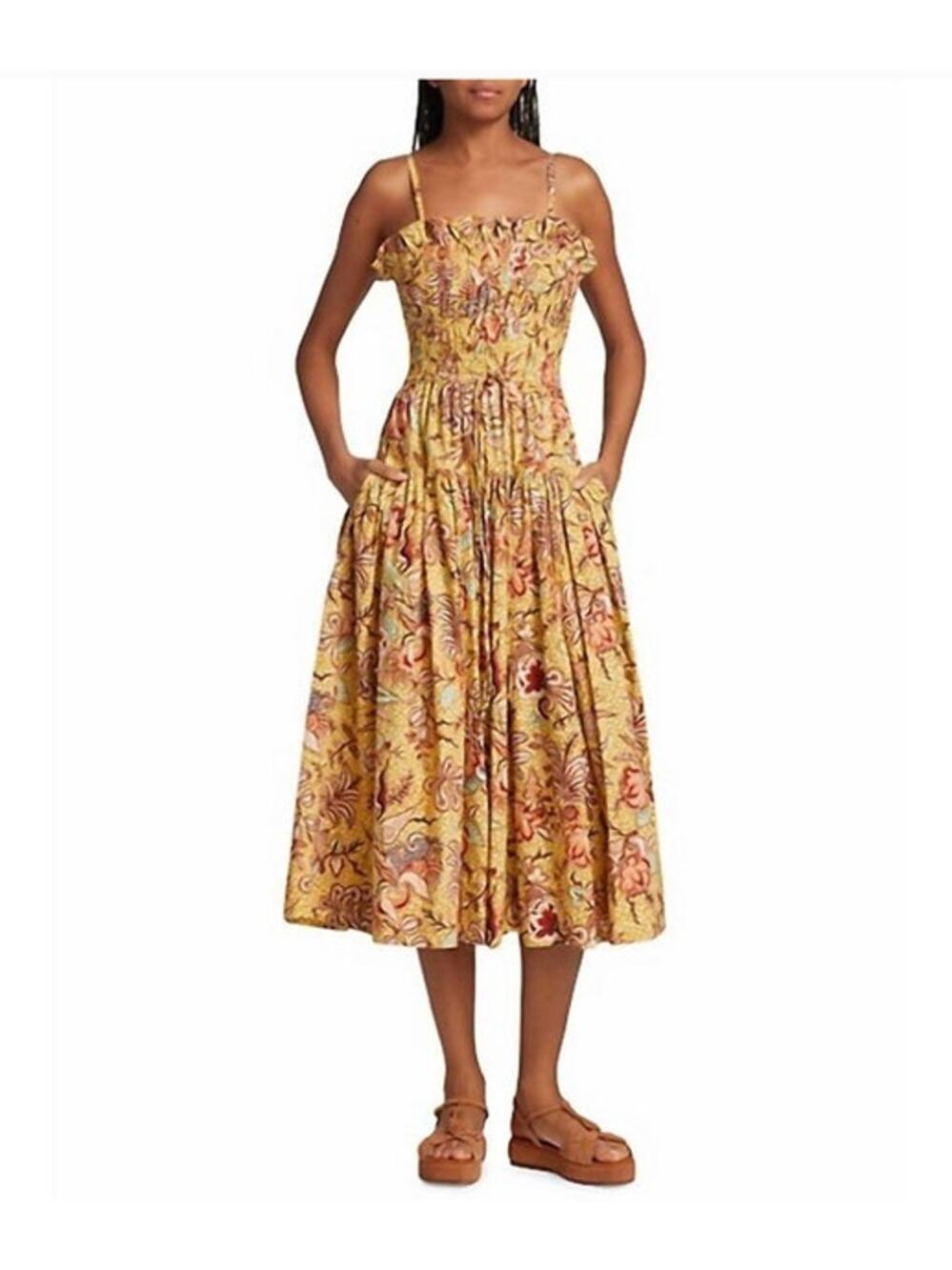 ULLA JOHNSON Sz 4 Lisbet Dress Calla Lily Floral Midi Cotton Yellow